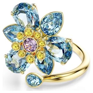 Swarovski Idyllia open ring - Mixed cuts, Flower, Blue, Gold-tone plated